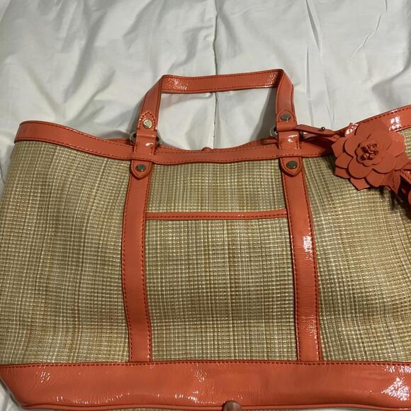 Cole Hann Serena Jitney Straw And Orange Patent Leather Tote Bag NWOT - Picture 3 of 11